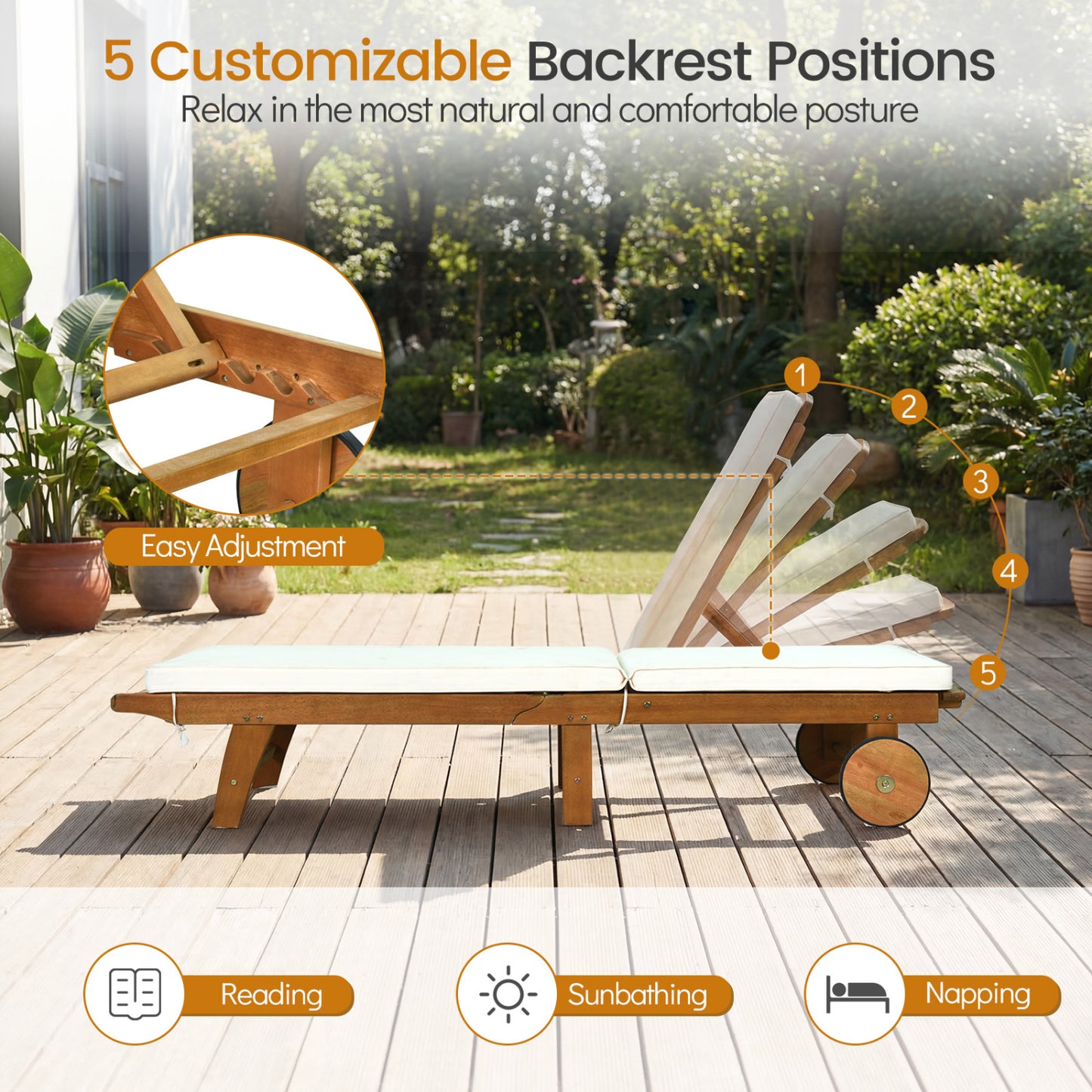 Adjustable Patio Chaise Lounge with Cushion and Wheels