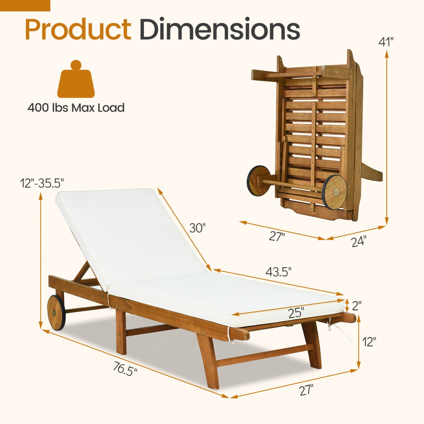 Adjustable Patio Chaise Lounge with Cushion and Wheels