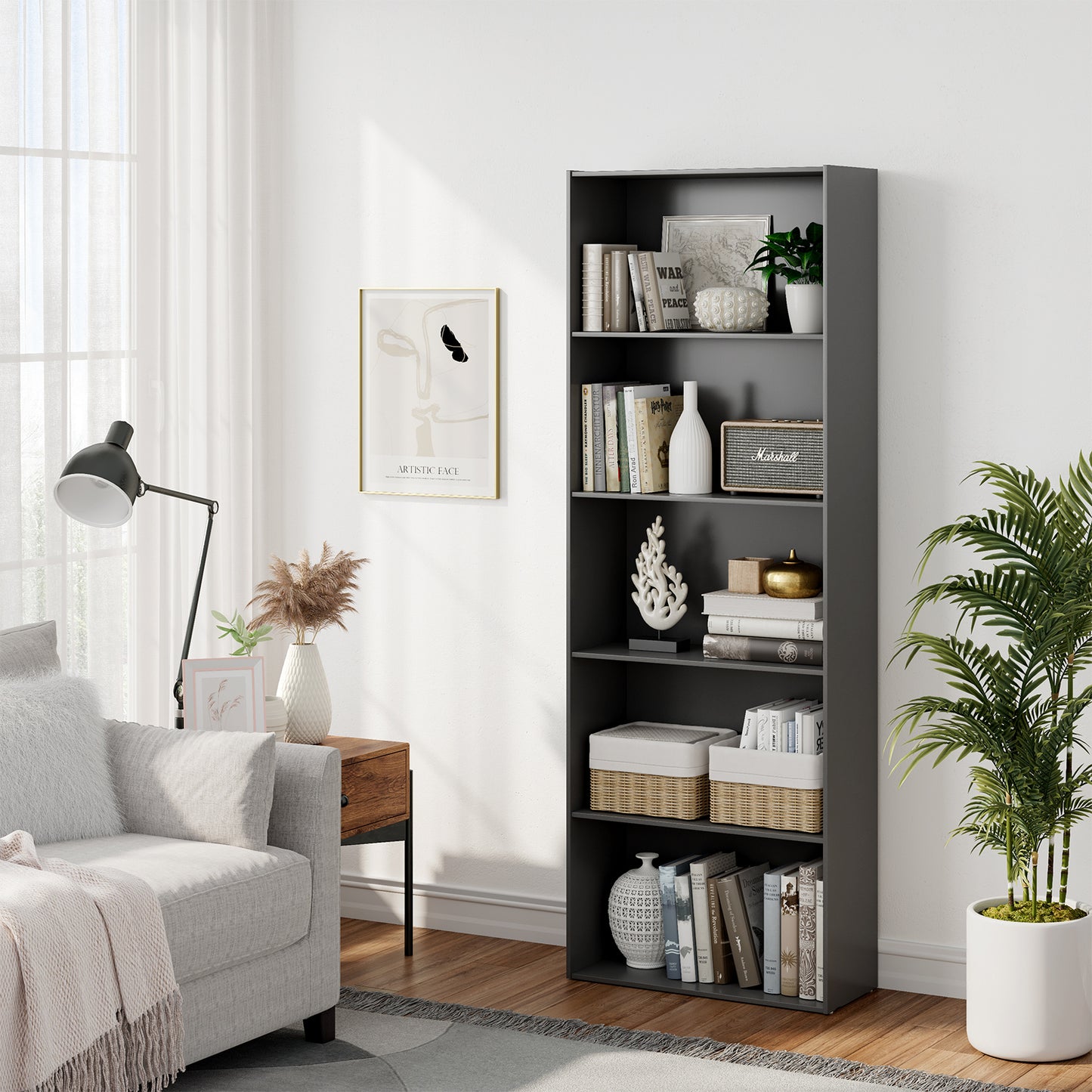 5-Shelf Storage Bookcase Modern Multi-Functional Display Cabinet
