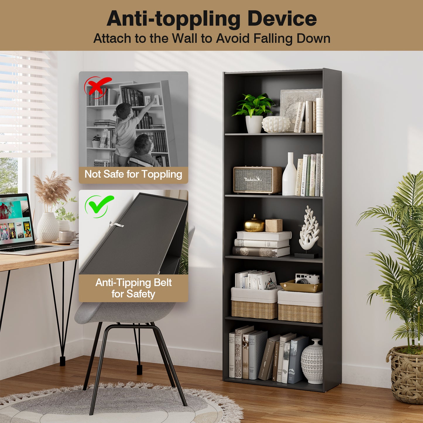 5-Shelf Storage Bookcase Modern Multi-Functional Display Cabinet