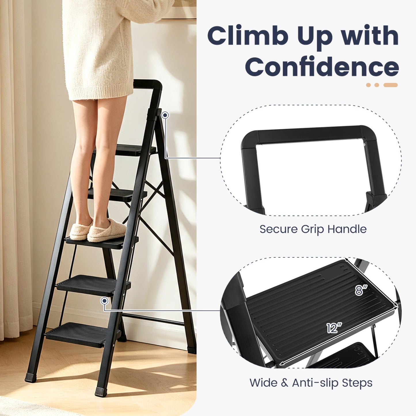 3-Step Folding Step Stool with Wide Anti-Slip Pedals
