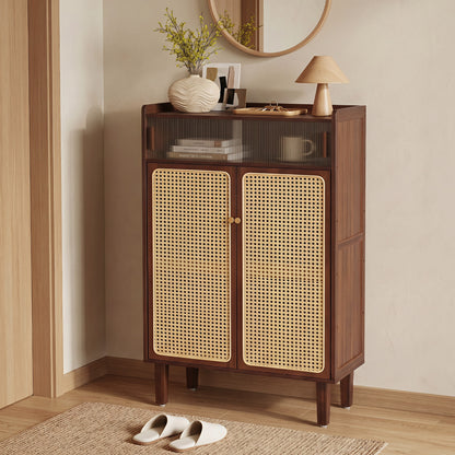 5-Tier Bamboo Shoe Cabinet with Woven Rattan Sliding Doors