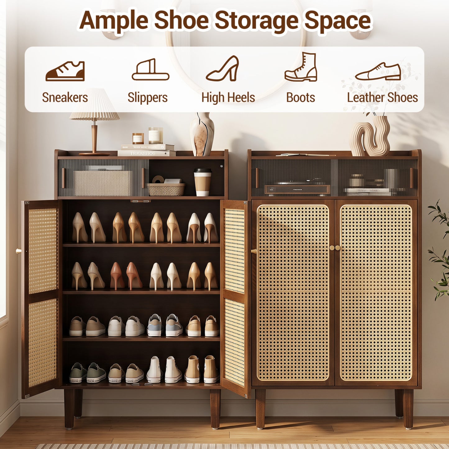 5-Tier Bamboo Shoe Cabinet with Woven Rattan Sliding Doors