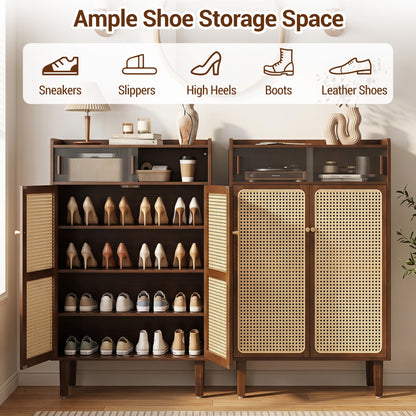 5-Tier Bamboo Shoe Cabinet with Woven Rattan Sliding Doors