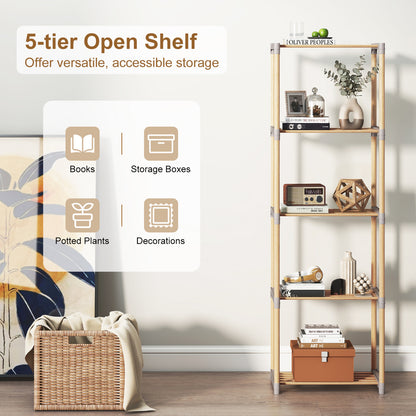 5-Tier Pine Wood Bookshelf with Open Shelves