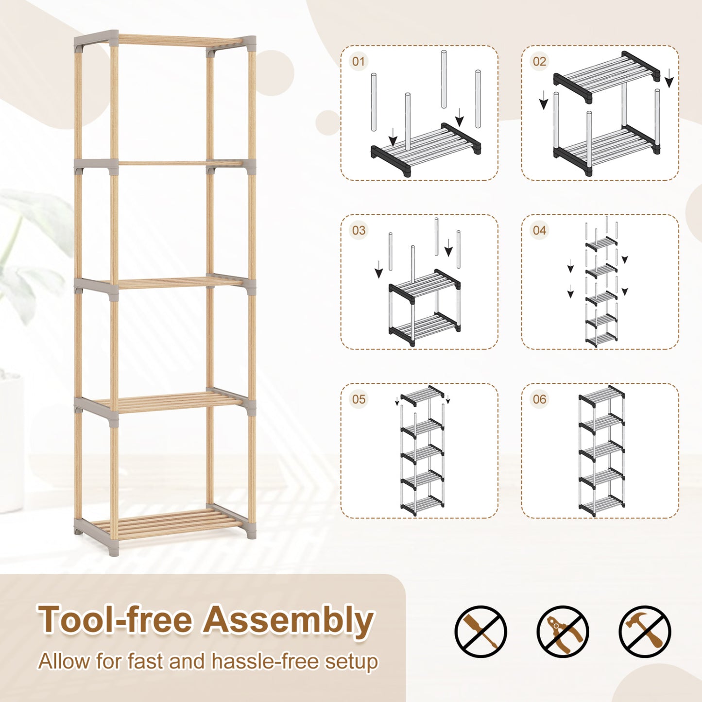5-Tier Pine Wood Bookshelf with Open Shelves