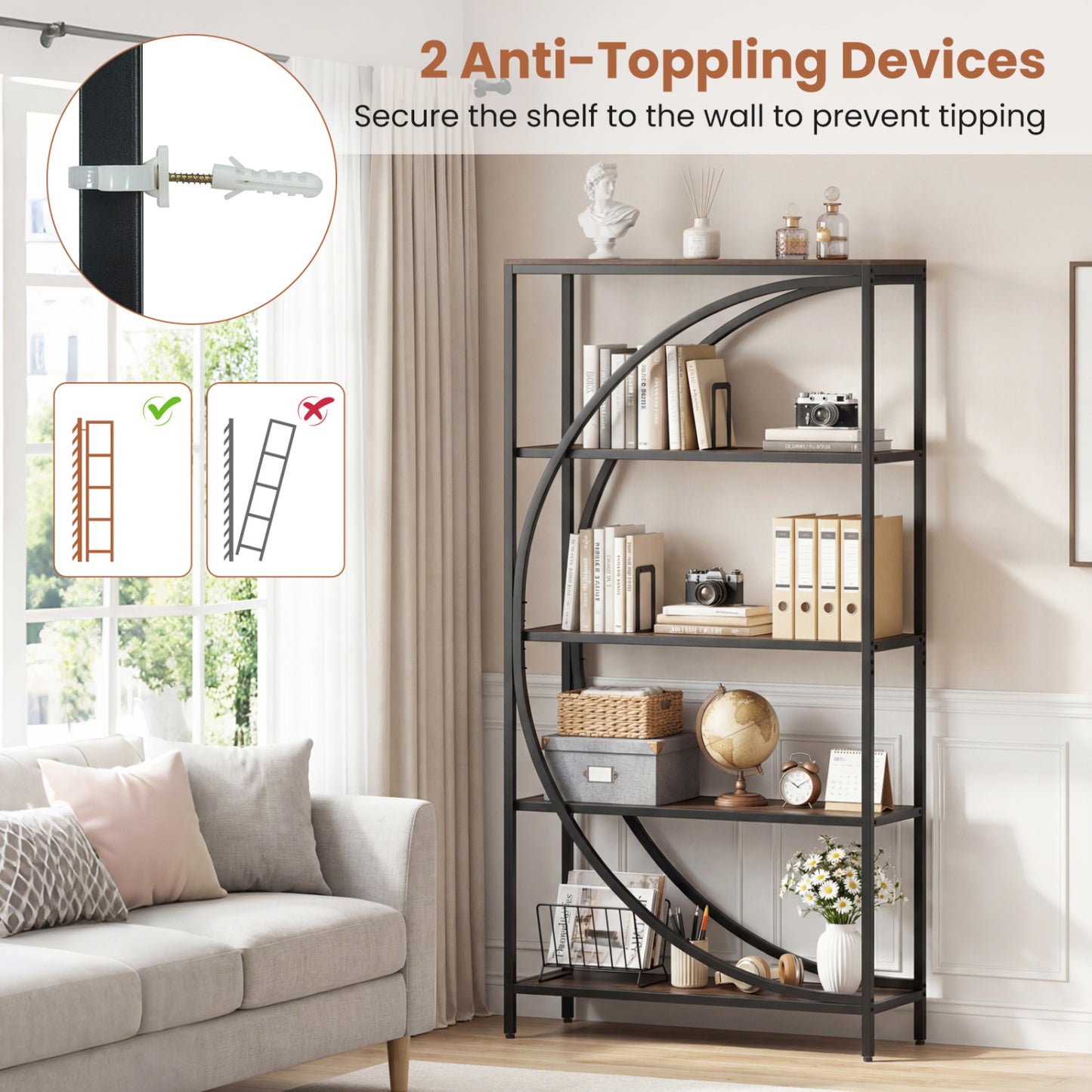 5-Tier Bookshelf with Half-Moon Shape for Living Room and Home Office