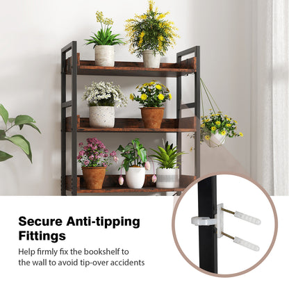 5-Tier Bookshelf with 4 Hooks Industrial Storage Bookcase-Rustic Brown