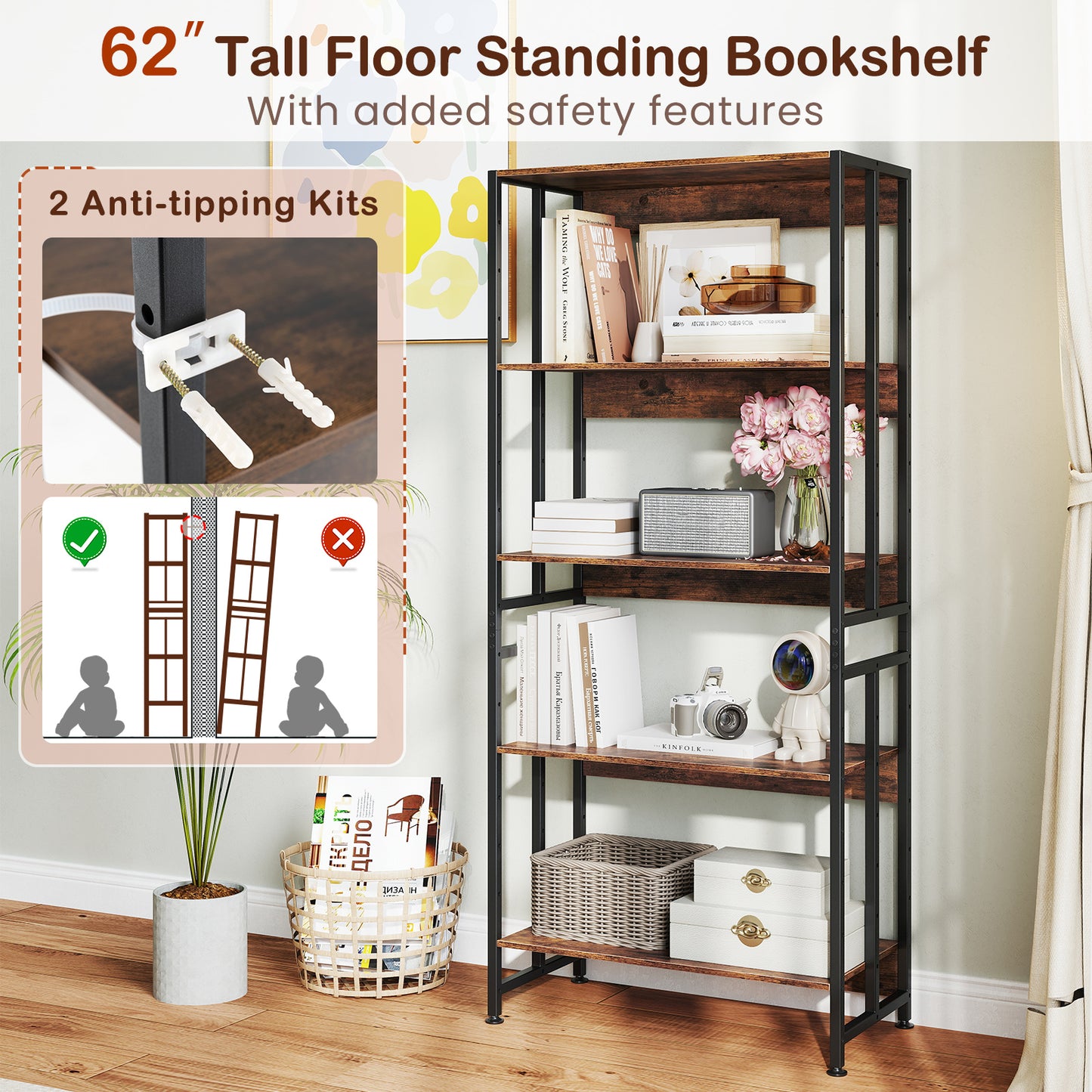 5-Tier Bookshelf with Adjustable and Tiltable Shelves