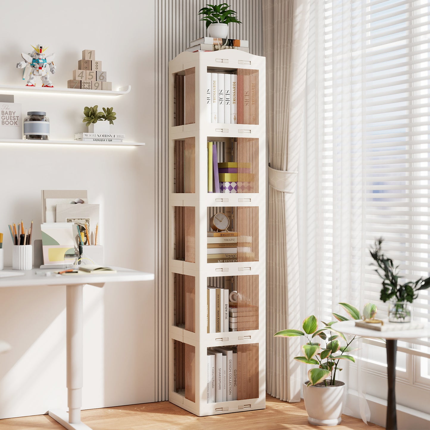 5-Tier Foldable Rotating Bookshelf 360¬∞ Spinning Bookcase with Swivel Base-White