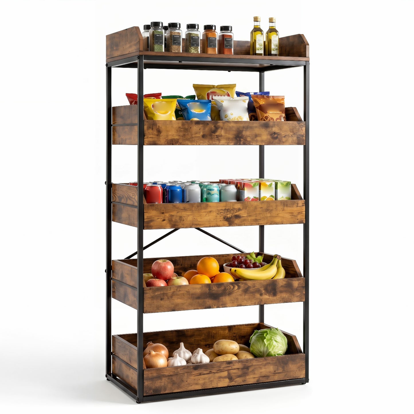 5-Tier Food Storage Rack with Pull-Out Drawers, Rustic Brown