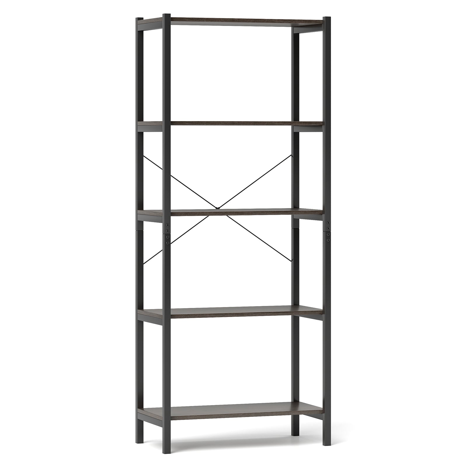 5-Tier Industrial Bookshelf Display Storage Rack with Metal Frame-Gray - Gray