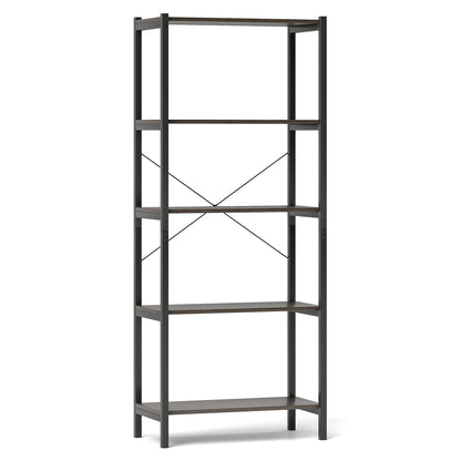 5-Tier Industrial Bookshelf Display Storage Rack with Metal Frame-Gray - Gray