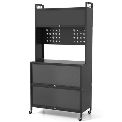 5 Tier Kitchen Bakers Rack with Lights Multifunctional Microwave Stand with Flip Door Cabinets
