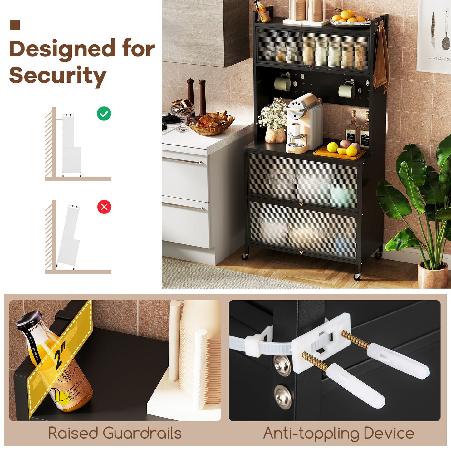 5 Tier Kitchen Bakers Rack with Lights Multifunctional Microwave Stand with Flip Door Cabinets