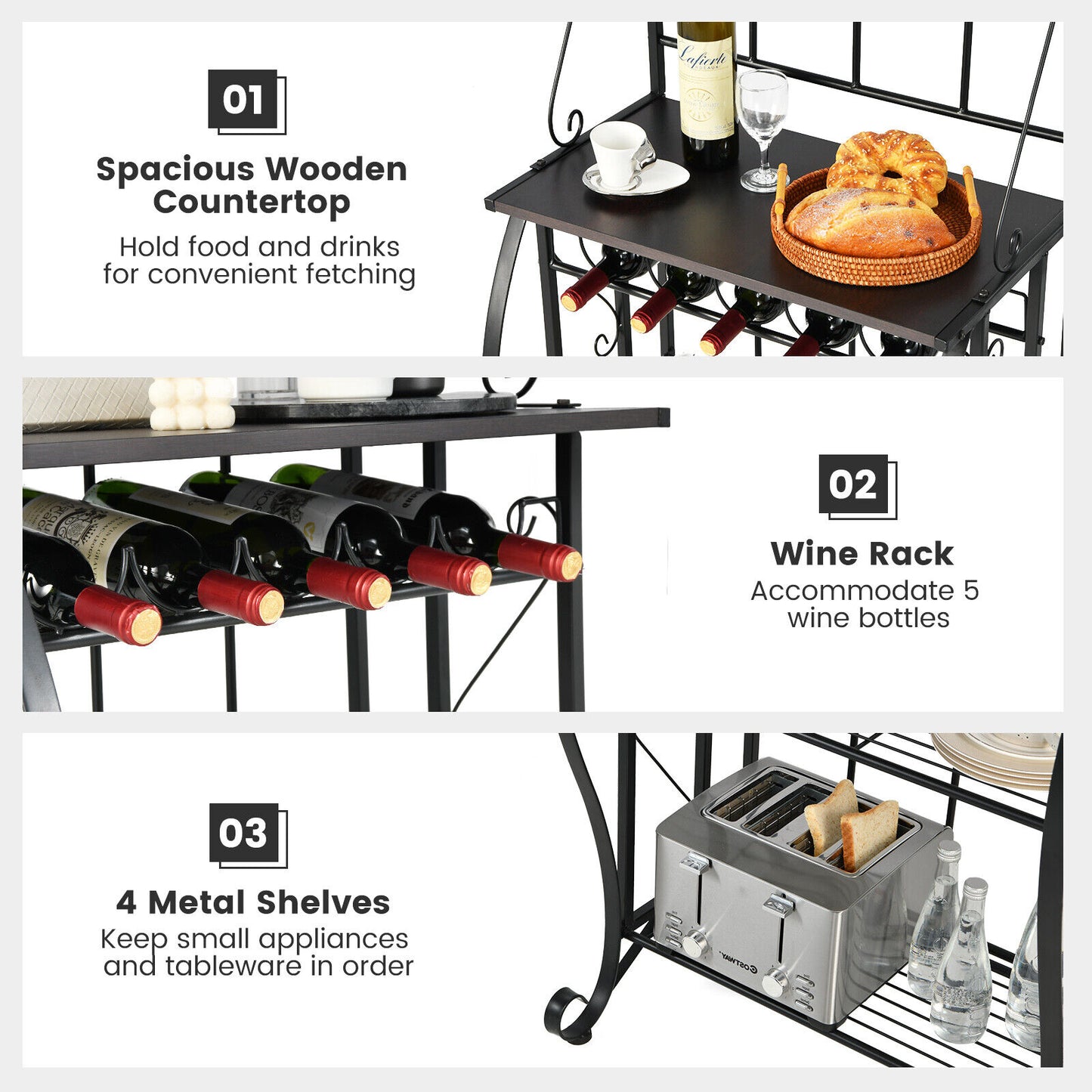 5-Tier Metal Kitchen Baker's Rack with 5 Wine Bottles Rack
