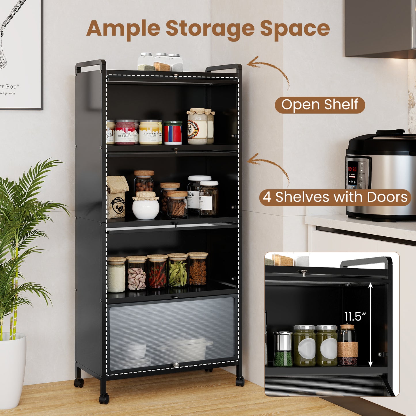 5-Tier Kitchen Pantry Storage Cabinet with Flip-Up Doors-Black