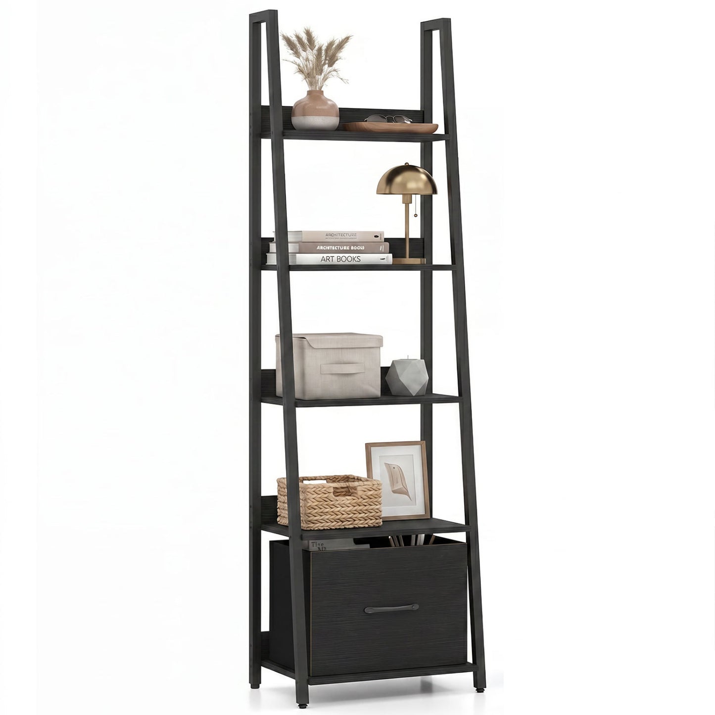 5-Tier Ladder Bookshelf with Fabric Drawer