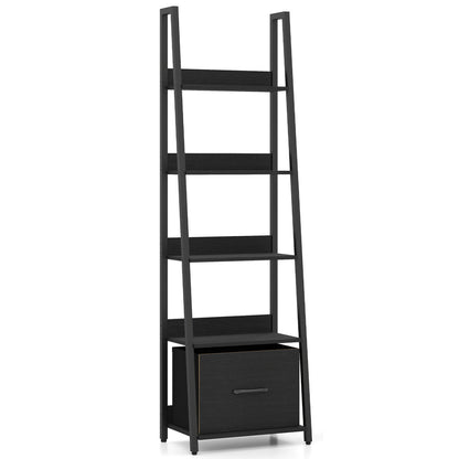5-Tier Ladder Bookshelf with Fabric Drawer