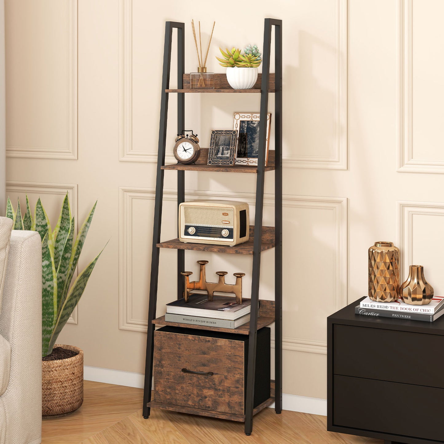 5-Tier Ladder Bookshelf with Fabric Drawer