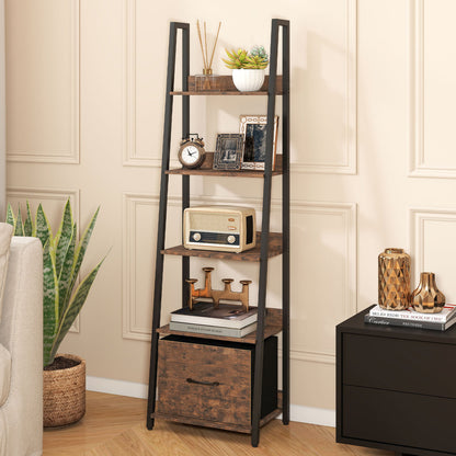 5-Tier Ladder Bookshelf with Fabric Drawer