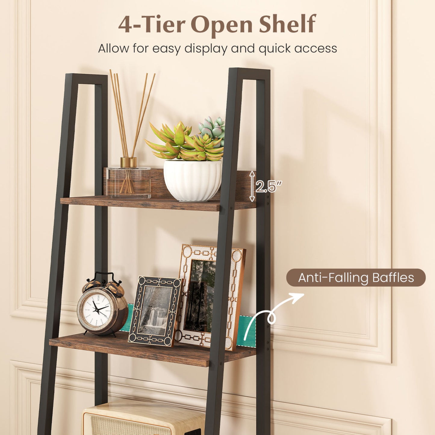5-Tier Ladder Bookshelf with Fabric Drawer