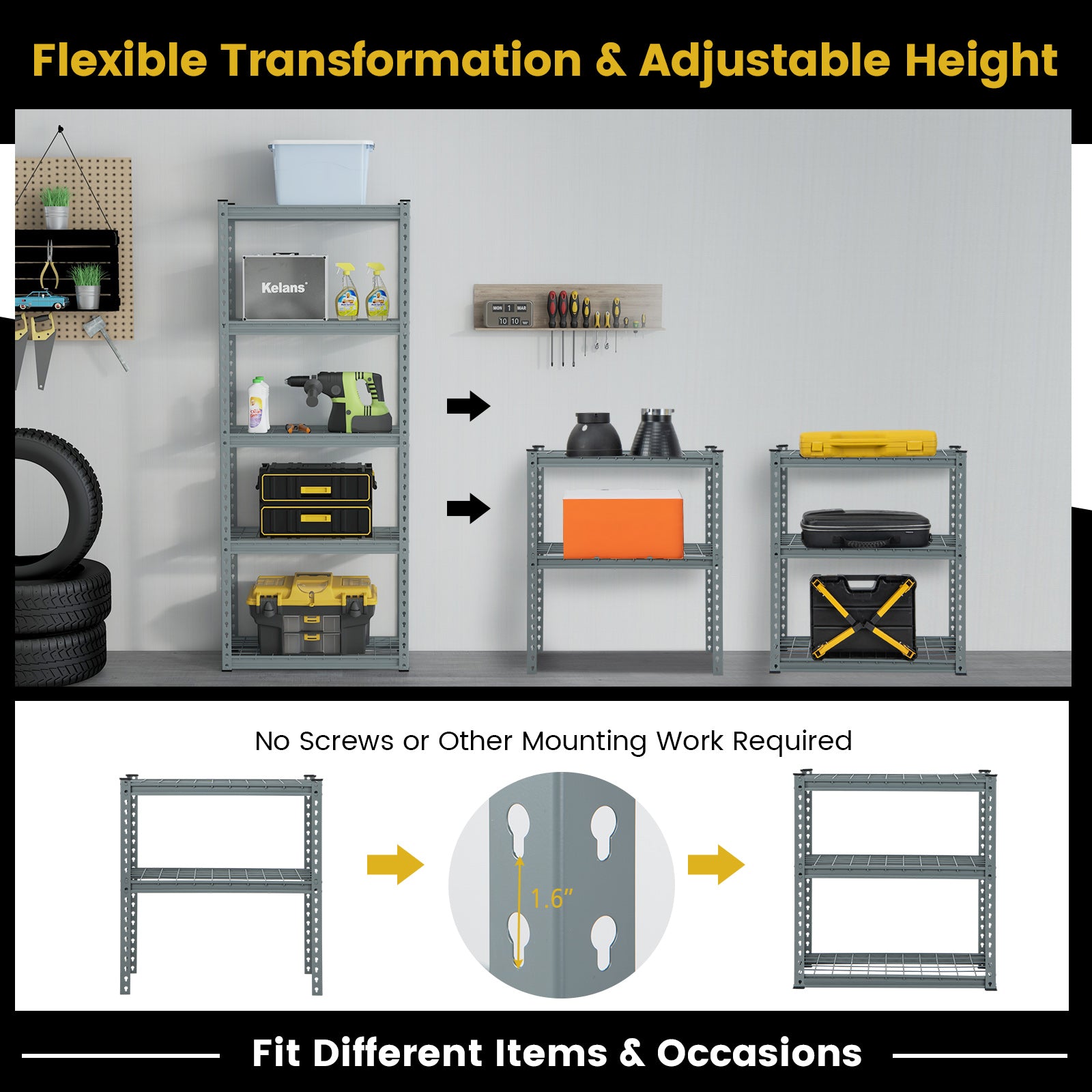 5-Tier Heavy Duty Wire Storage Racks with Anti-slip Foot Pad-Gray