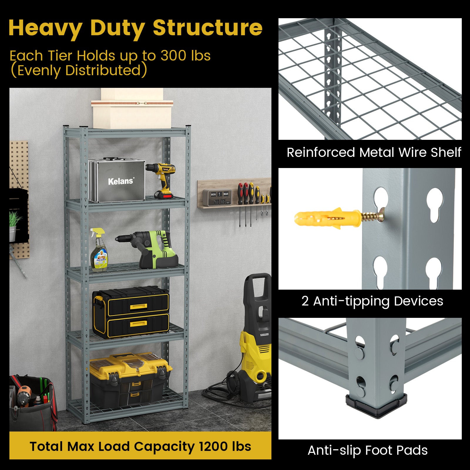 5-Tier Heavy Duty Wire Storage Racks with Anti-slip Foot Pad-Gray