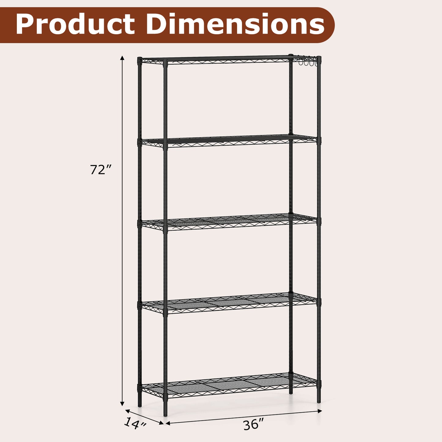 5-Tier Metal Storage Shelving Unit with V-Shaped Wire Rack and 1250 LBS Capacity-Black