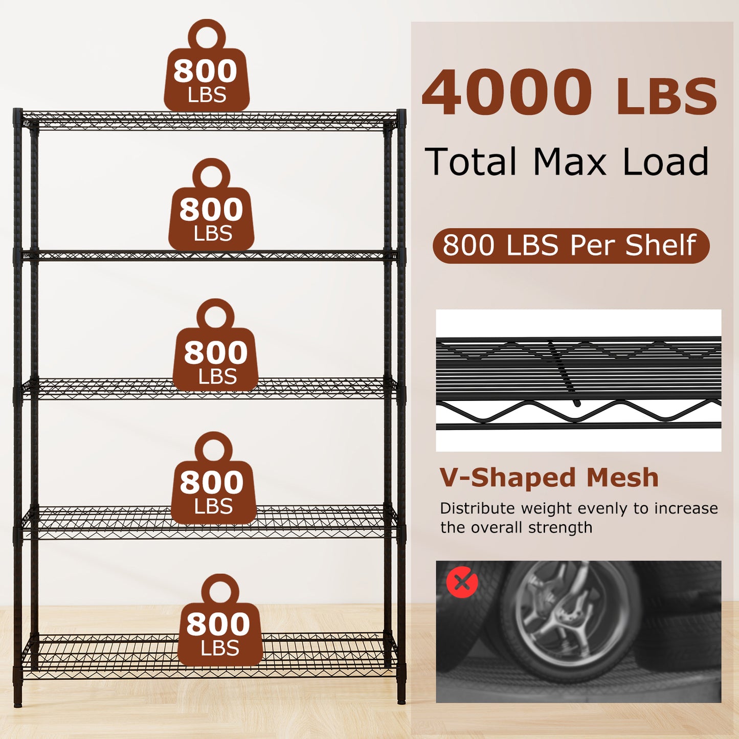 5-Tier Metal Storage Shelving Unit Set of 2 Adjustable Utility Shelf with V-Shaped Wire Rack-Black