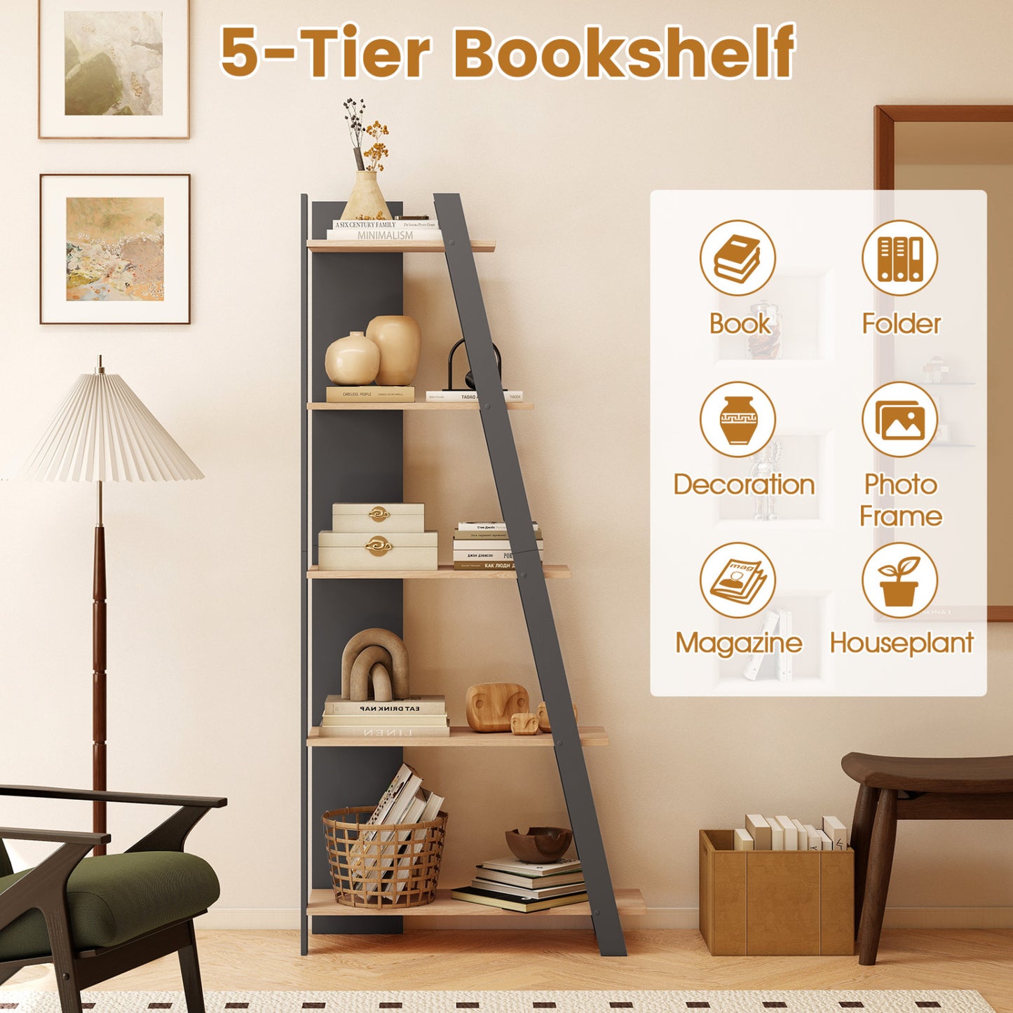 5-Tier Vertical Bookshelf for Small Spaces, 79" Tall