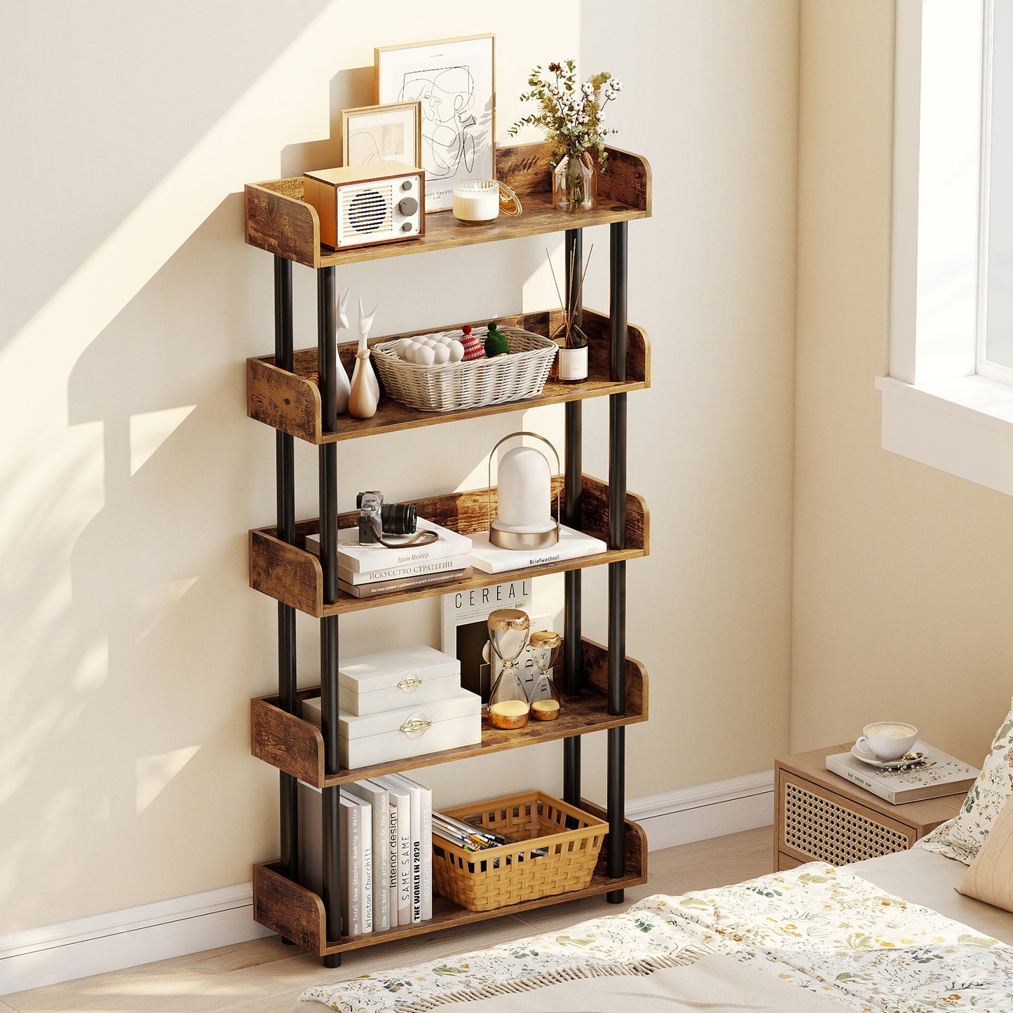 5-Tier Open Bookcase with Industrial Storage Unit-Rustic Brown