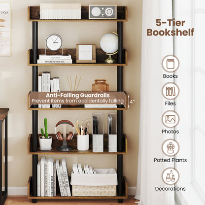5-Tier Open Bookcase with Industrial Storage Unit-Rustic Brown