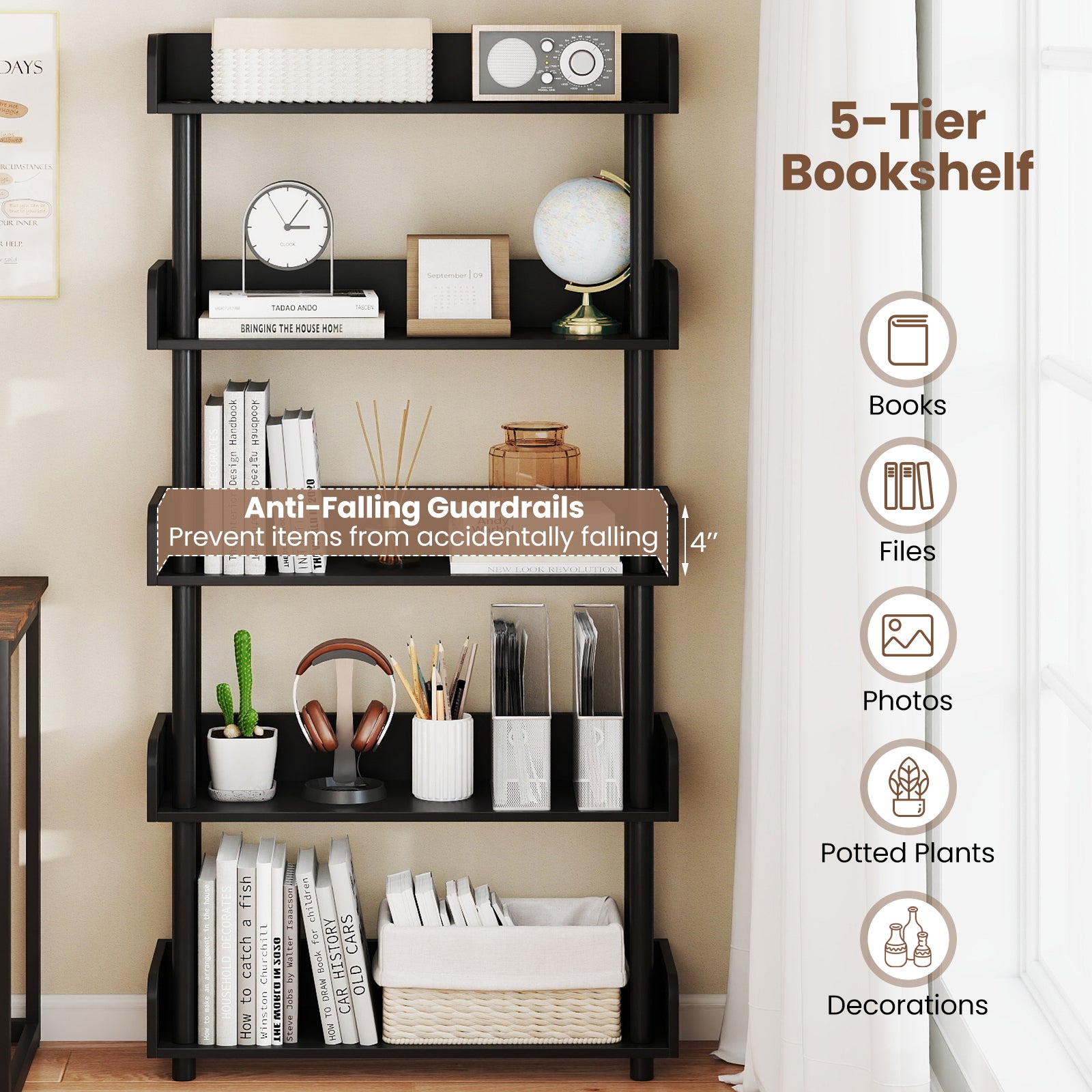 5-Tier Open Bookcase with Industrial Storage Unit-Black