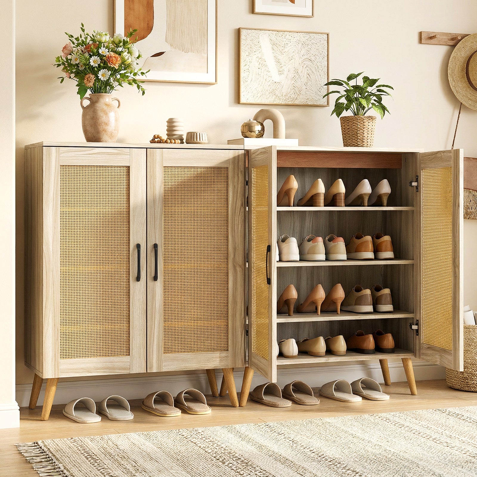 5-Tier Rattan Shoe Cabinewith 3 Removable Shelves-Natural