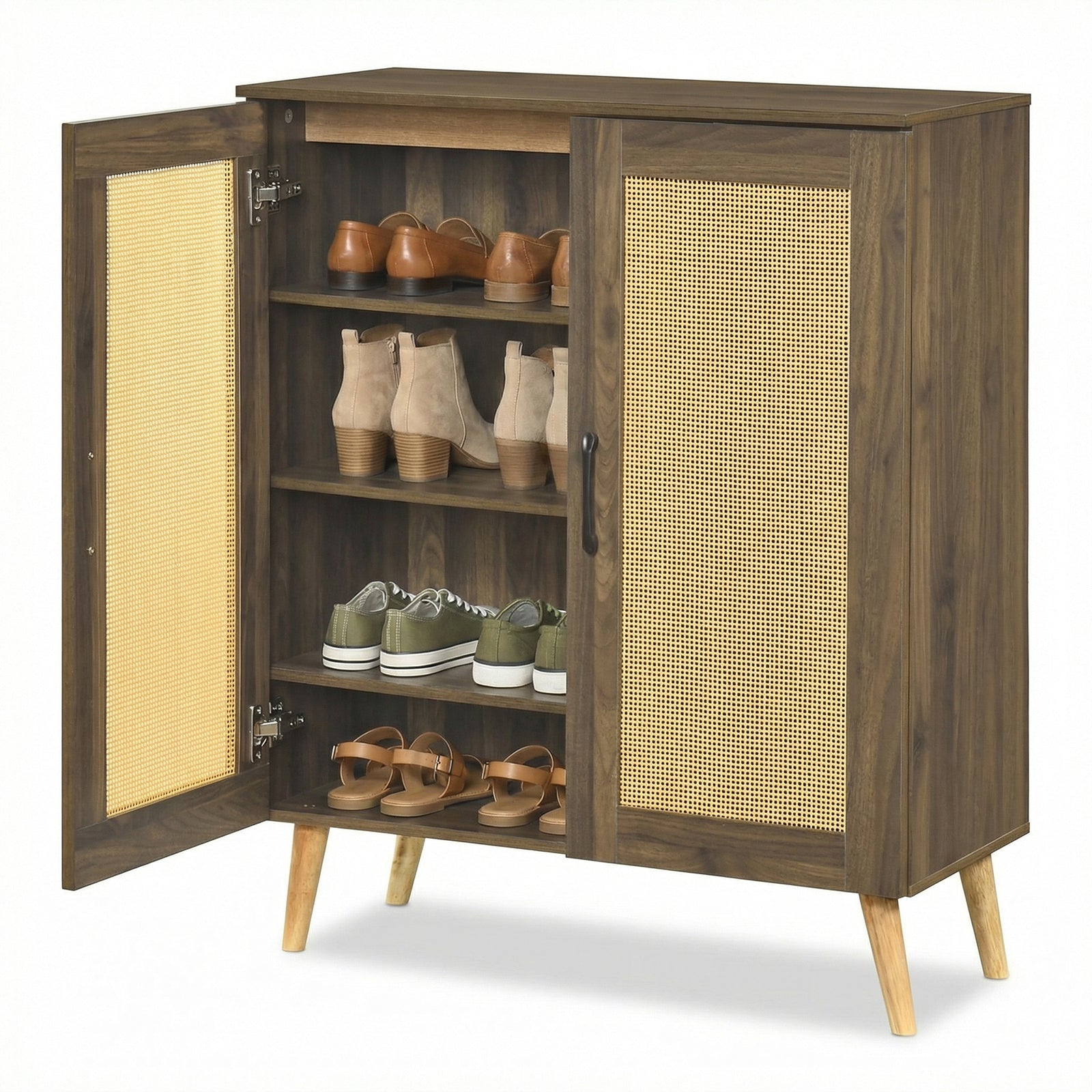 5-Tier Rattan Shoe Cabinewith 3 Removable Shelves-Walnut