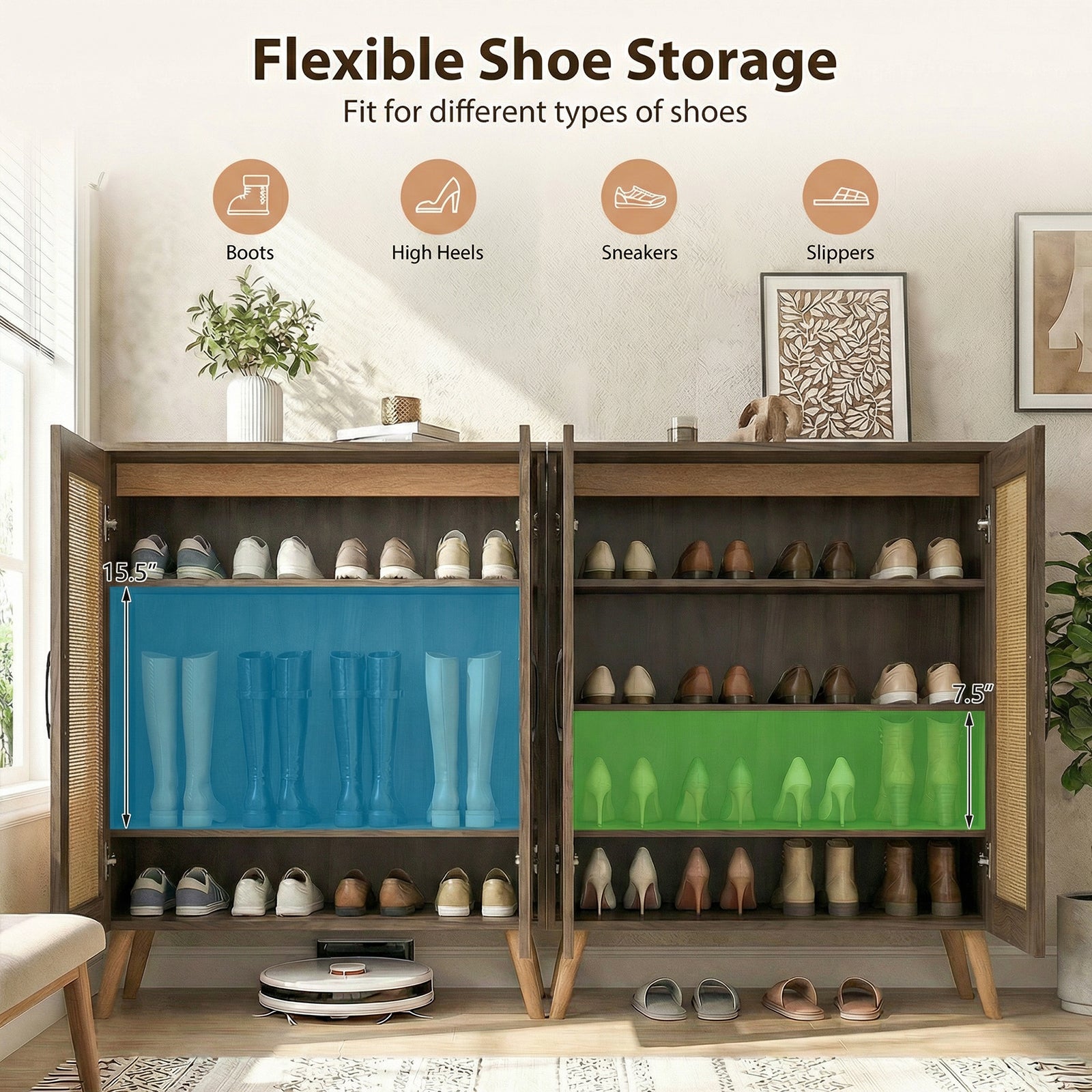 5-Tier Rattan Shoe Cabinewith 3 Removable Shelves-Walnut