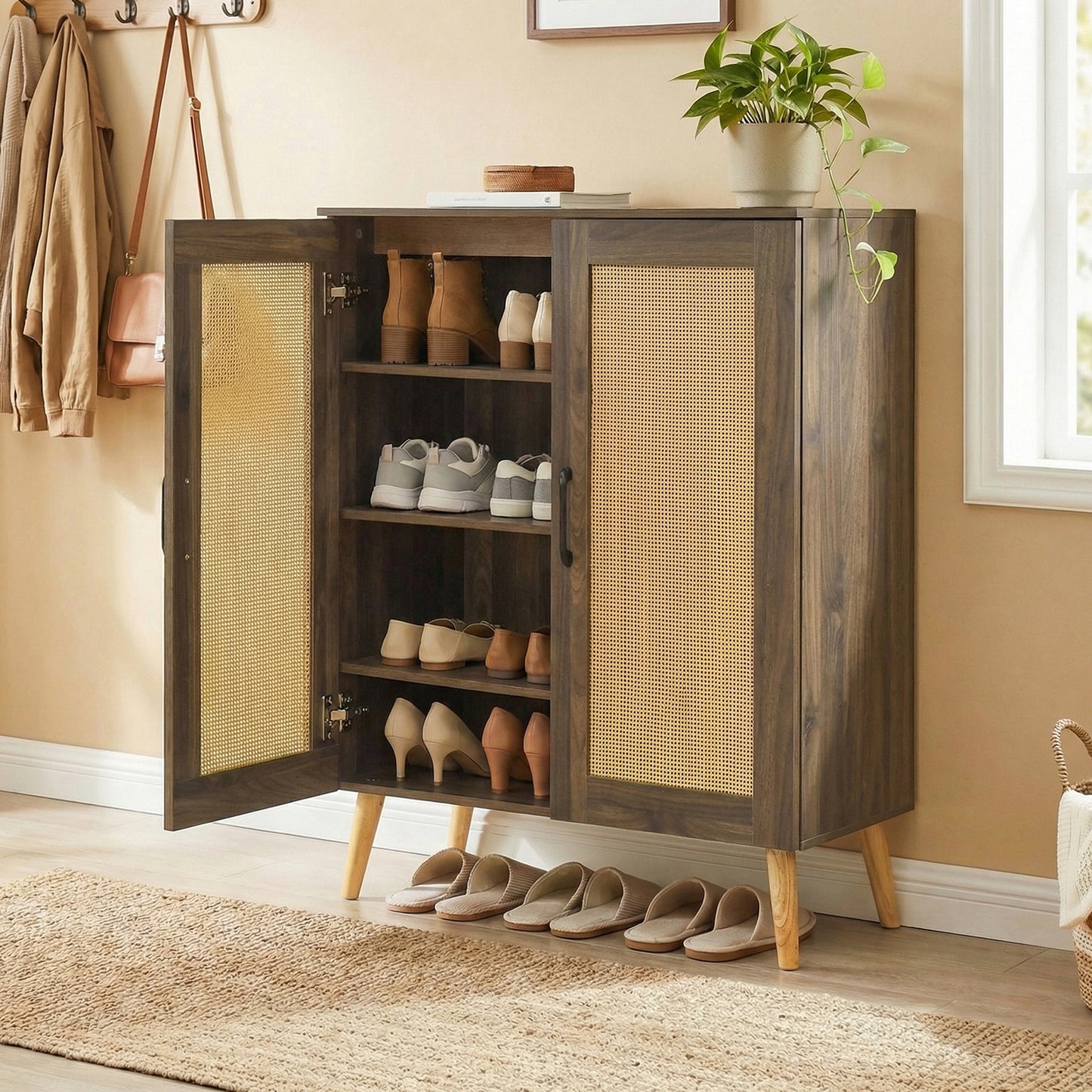 5-Tier Rattan Shoe Cabinewith 3 Removable Shelves-Walnut