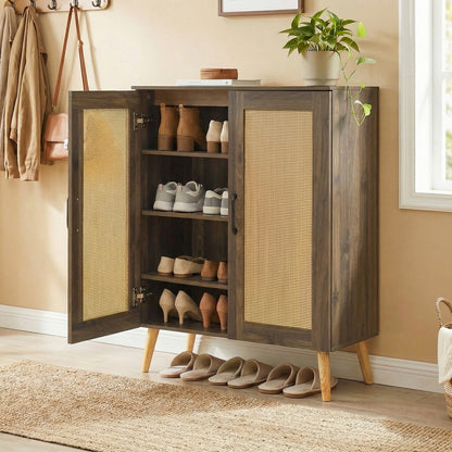 5-Tier Rattan Shoe Cabinewith 3 Removable Shelves-Walnut