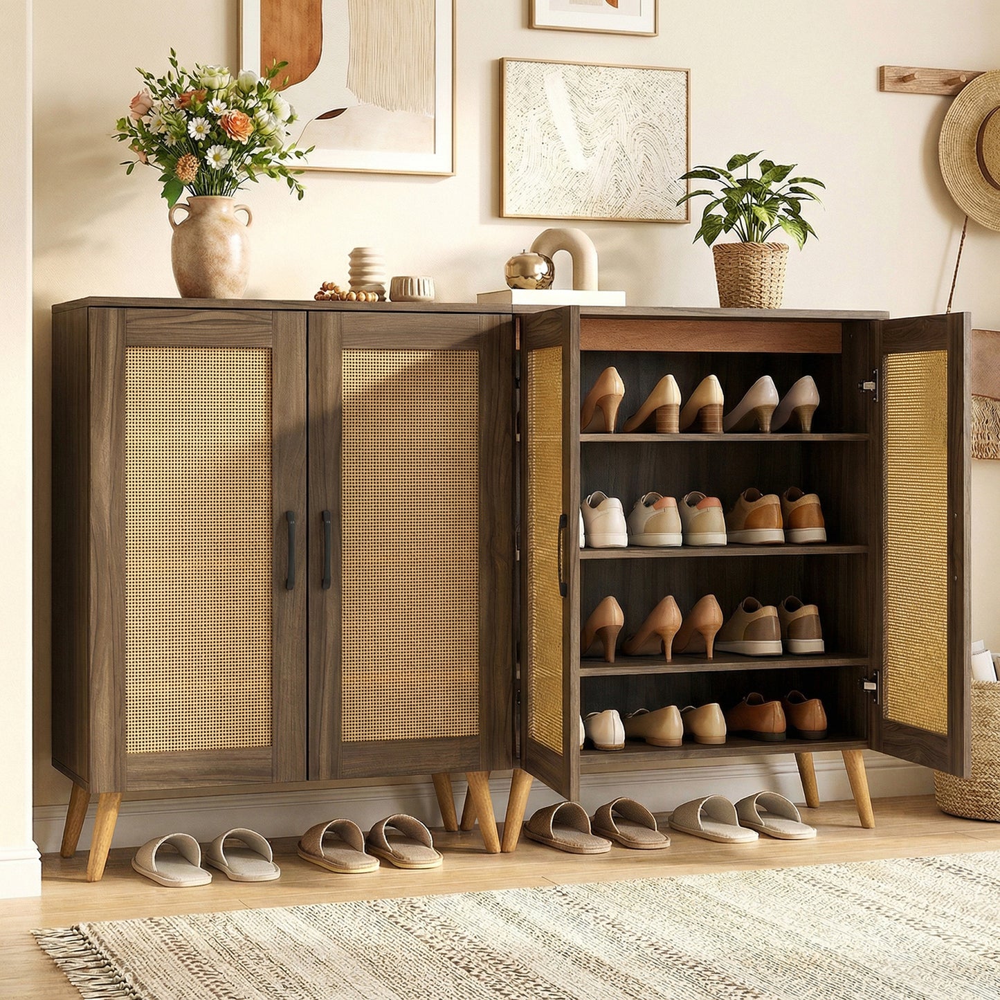 5-Tier Rattan Shoe Cabinewith 3 Removable Shelves-Walnut