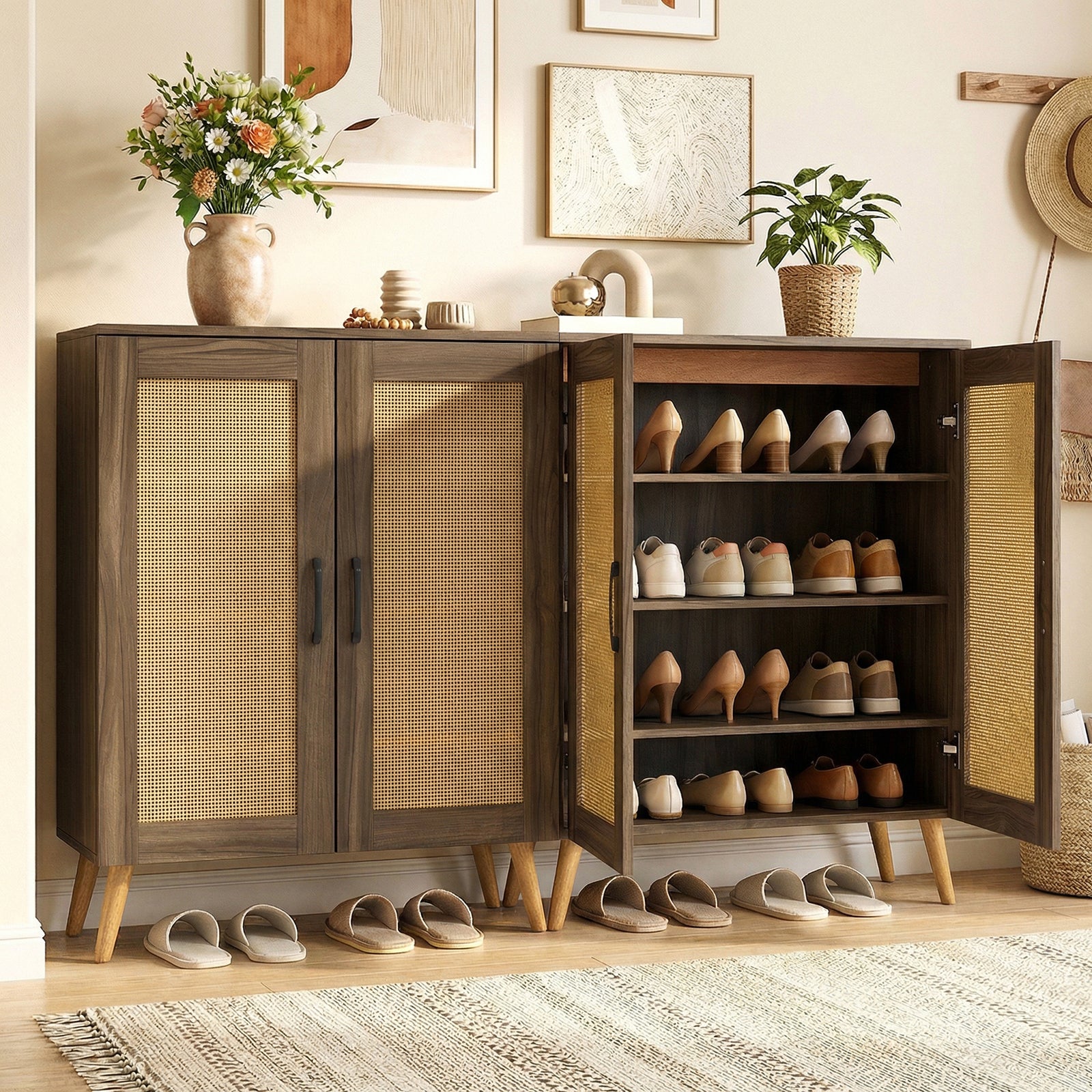 5-Tier Rattan Shoe Cabinewith 3 Removable Shelves-Walnut