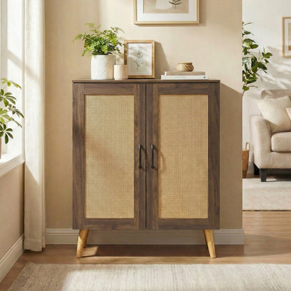 5-Tier Rattan Shoe Cabinewith 3 Removable Shelves-Walnut