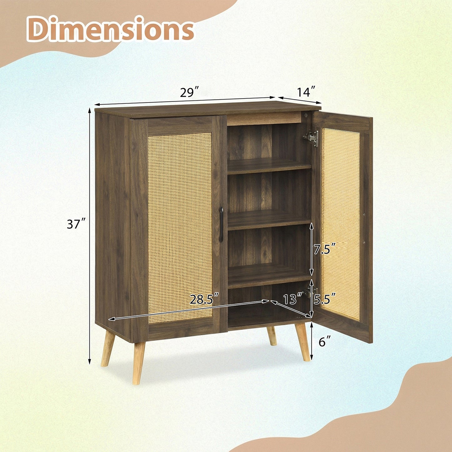 5-Tier Rattan Shoe Cabinewith 3 Removable Shelves-Walnut