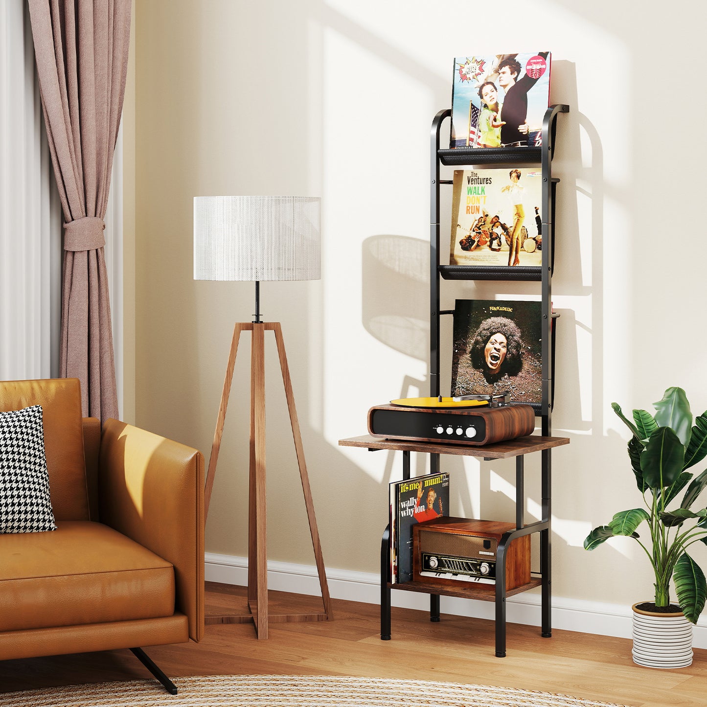 5-Tier Record Player Stand with Vinyl Display Shelf and Record Holder-Rustic Brown