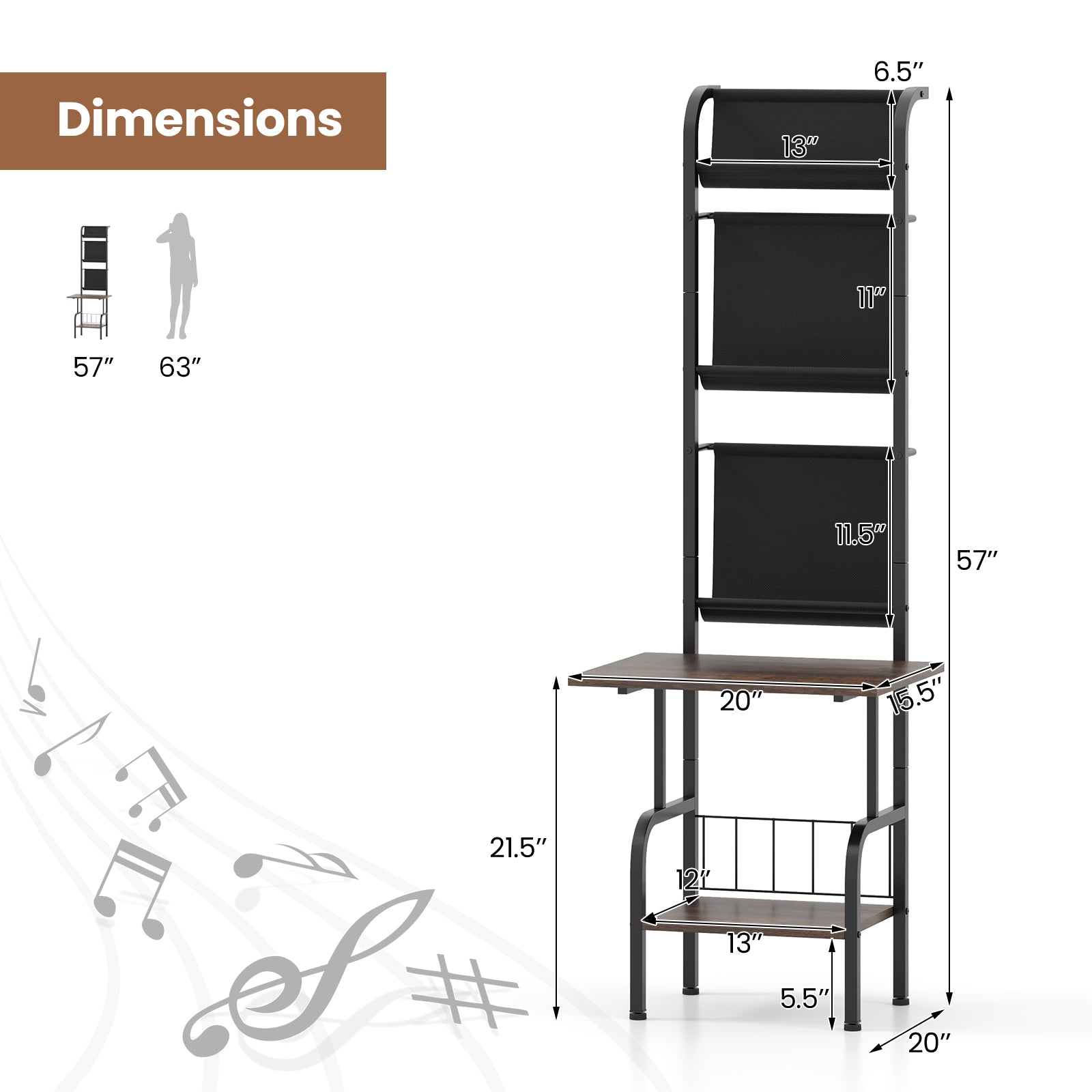 5-Tier Record Player Stand with Vinyl Display Shelf and Record Holder-Rustic Brown