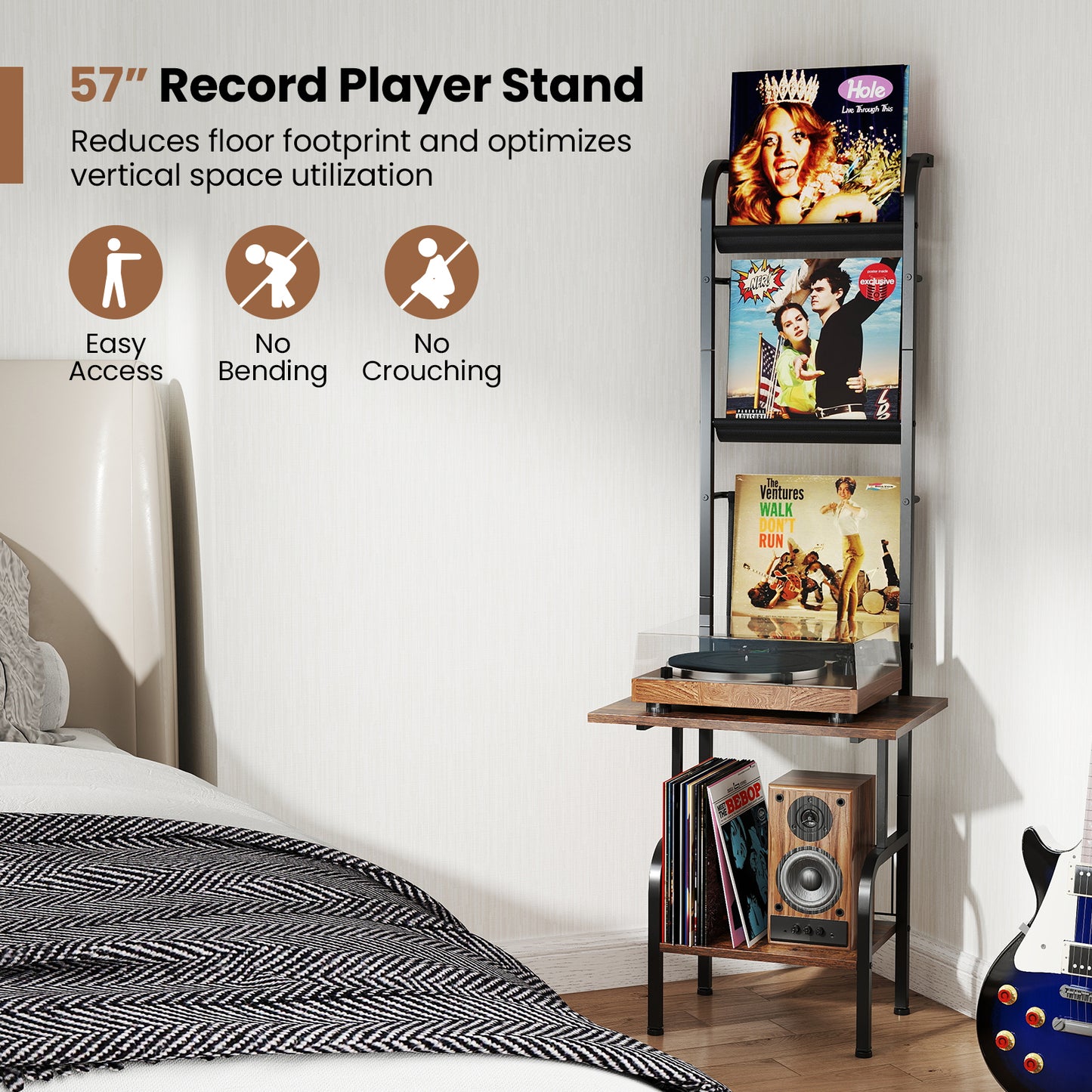 5-Tier Record Player Stand with Vinyl Display Shelf and Record Holder-Rustic Brown