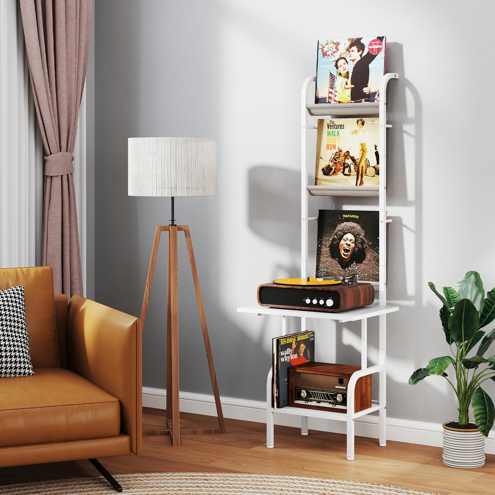 5-Tier Record Player Stand with Vinyl Display Shelf and Record Holder-White