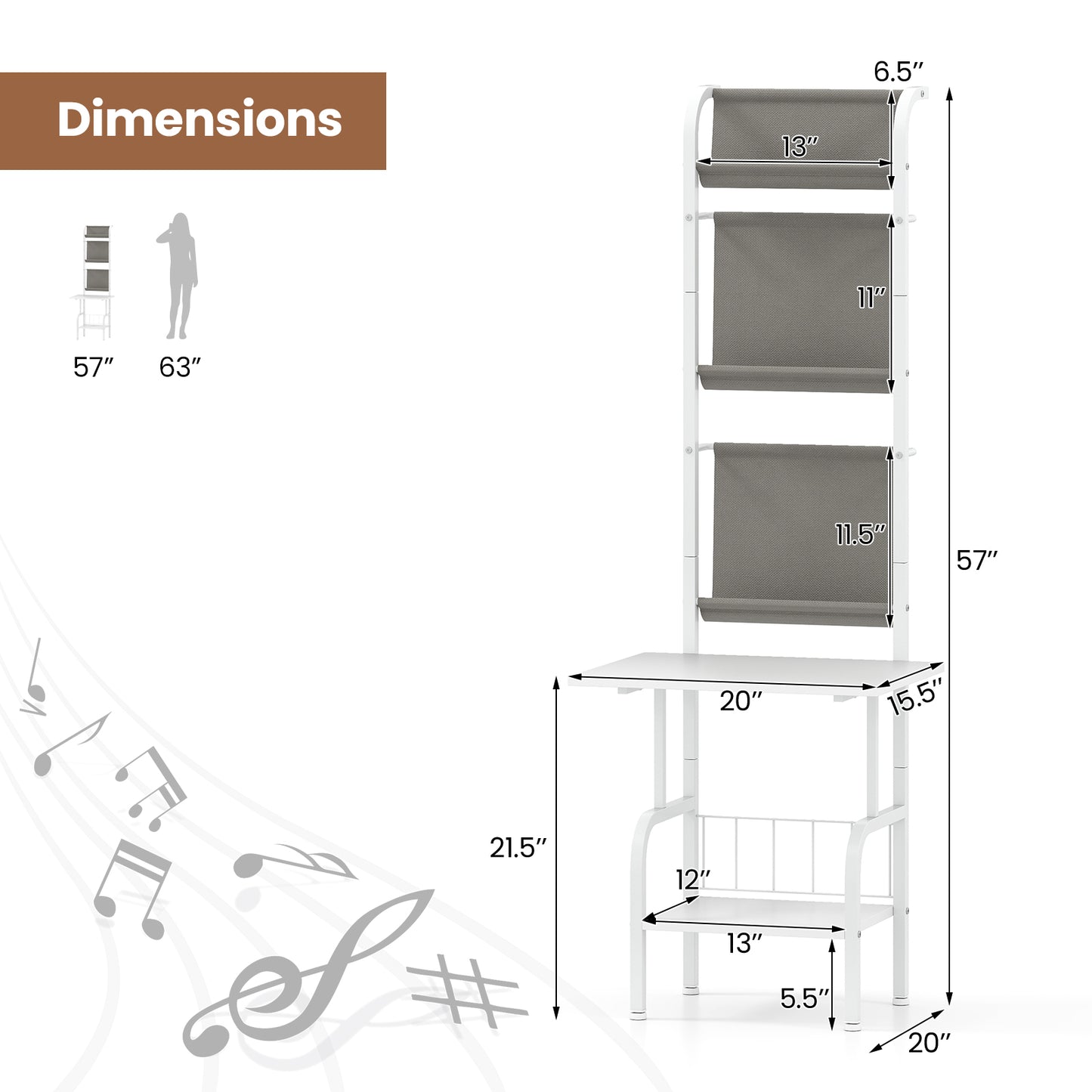 5-Tier Record Player Stand with Vinyl Display Shelf and Record Holder-White