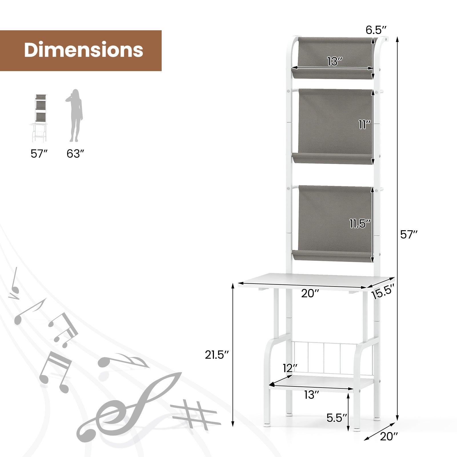 5-Tier Record Player Stand with Vinyl Display Shelf and Record Holder-White