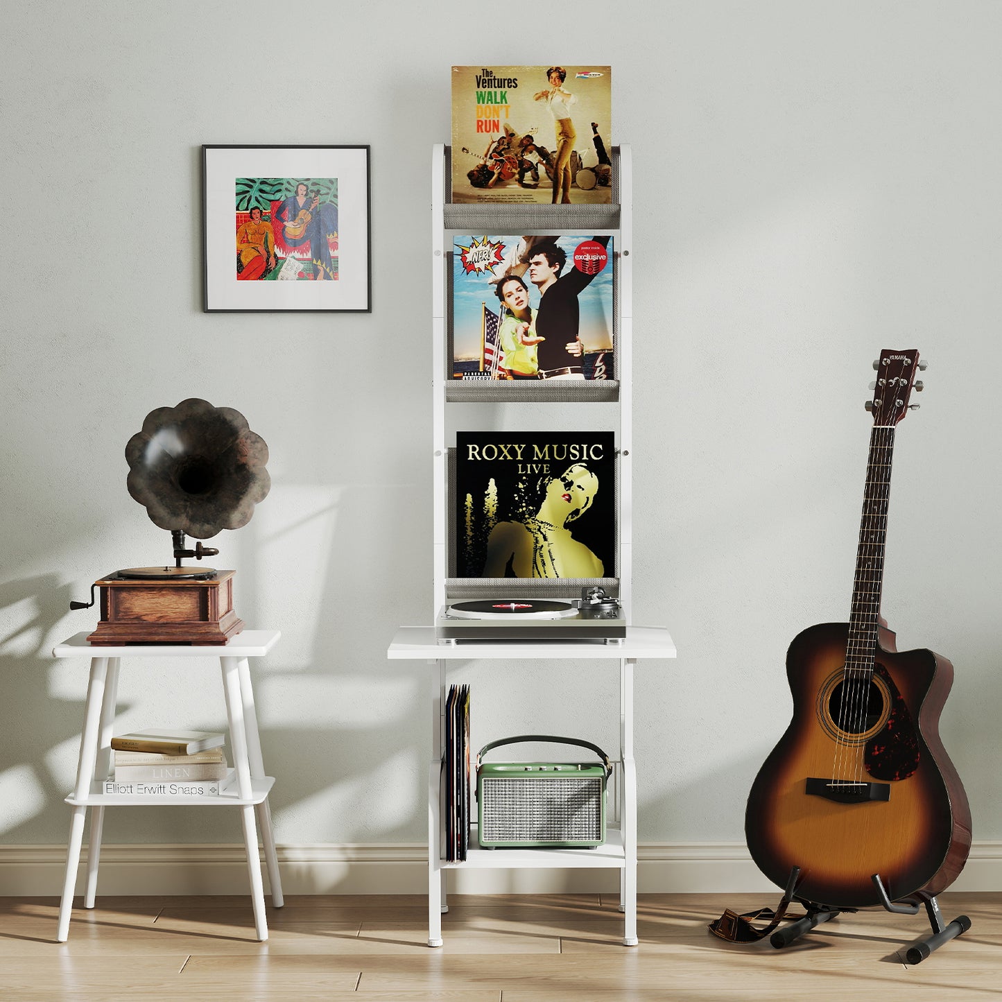 5-Tier Record Player Stand with Vinyl Display Shelf and Record Holder-White